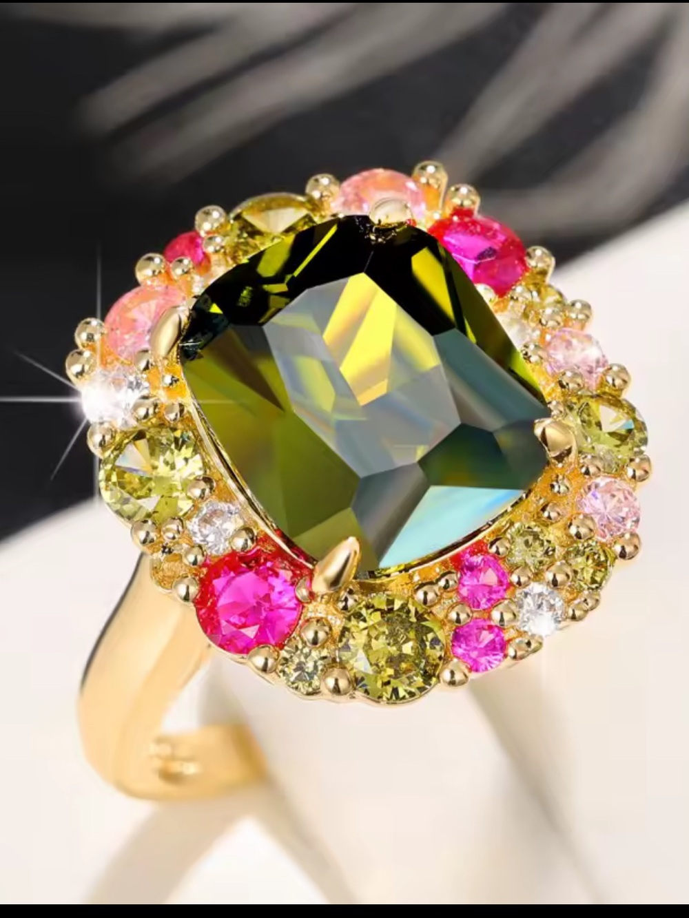 Gold Ring with Olive Green Center and Pink Accents - Picture 3 of 12